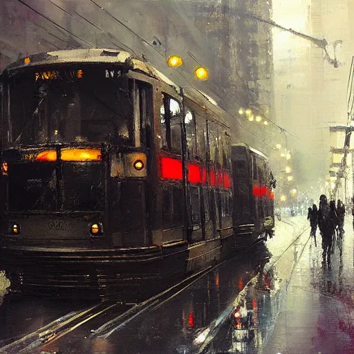 Image similar to toronto streetcars painting by jeremy mann