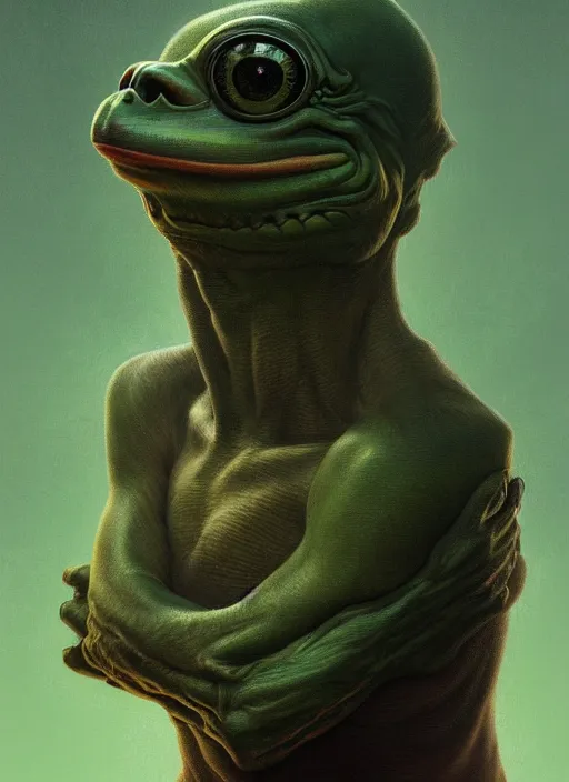 Prompt: 4 chan pepe, sad, portrait, intricate, elegant, highly detailed, digital painting, artstation, concept art, wallpaper, smooth, sharp focus, illustration, art by h. r. giger and artgerm and greg rutkowski and alphonse mucha