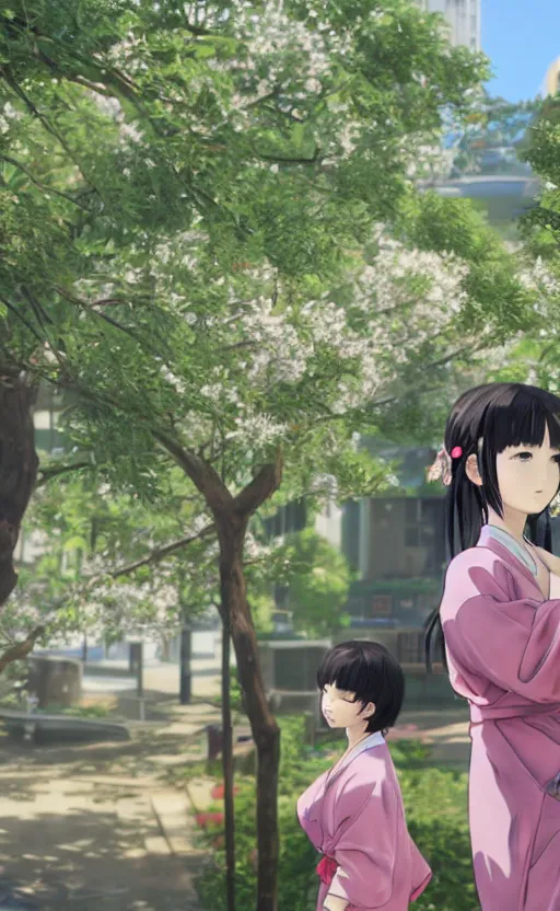 Image similar to anime style, gta 5, panoramic centered view of girl in middle, yukata clothing, sakura tree in background, short hair, hair down, symmetrical facial features, from arknights, hyper realistic, extreme detail, volumetric lights, 4 k drawing, safebooru, realistic lighting, by alphonse mucha, greg rutkowski, sharp focus, backlit