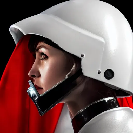 Prompt: headshot of an athletic female soldier in glossy sleek white armor with tiny red details and a long red cape, heroic posture, on the surface of mars, night time, dramatic lighting, cinematic, sci-fi, hyperrealistic