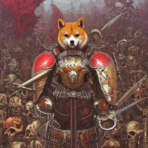 Image similar to anthropomorphic shiba inu, red metal skullknight armor, standing, graveyard of skulls tombs crosses, fantasy 3 d render, masterpiece, light aura, by donato giancola and greg rutkowski and wayne barlow and zdzisław beksinski, shiba inu realistic face