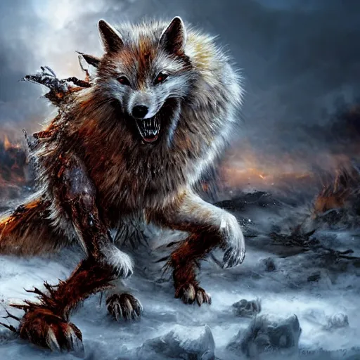 Image similar to angry demonic white polar fox with sharp teeth wearing medieval ornamented rusty armor, ice and fire, postapocalyptic world, hyperrealistic, dramatic sky, highly detailed