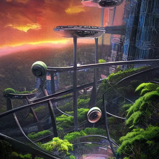 Prompt: overgrown futuristic sci - fi reisroute colombia medellin, orange dawn, hyperrealistic