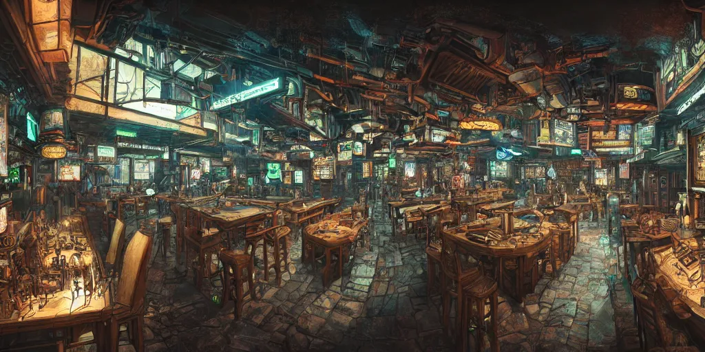 Image similar to Highly detailed realistic Digital concept interior design in style of Hiromasa Ogura and Josan Gonzalez of highly detailed cyberpunk tavern with stone walls and neon lights, a lot of electronics and people, many details. Natural white sunlight from the transperient roof. Panorama on 360 degrees Rendered in 32K in VRAY and DaVinci Resolve and MAXWELL and LUMION 3D, Volumetric natural light