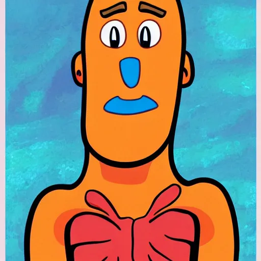 Image similar to cartoon style, strong chin, big smile, big lips, handsome squidward portrait, vivid colors