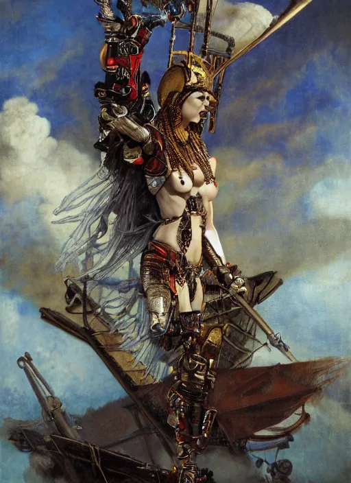 Image similar to dynamic! middle portrait of a biblical diabolical pirate female pharaoh, stylish cyborg armor, on a pirate ship, in clouds, strong studio lights, thunder, storm, sunset, by gerald brom, by mikhail vrubel, by peter elson, high contrast, muted colors, extreme detail, mirrors, trending on artstation, 8 k