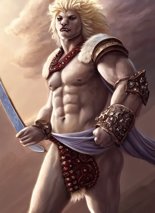 Image similar to aesthetic portrait commission of a of a male fully furry muscular anthro albino lion with a tail and a beautiful attractive hyperdetailed face, wearing ancient roman attractive gladiator outfit while holding a gladiators sword in his hand in a giant roman coliseum at golden hour. Character design by charlie bowater, ross tran, artgerm, and makoto shinkai, detailed, inked, western comic book art, 2021 award winning film poster painting