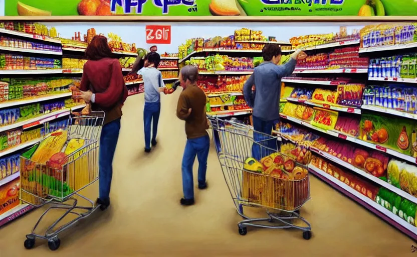 Prompt: monkeys in a supermarket buying groceries, hyperrealism oil painting, award - winning, artstation,