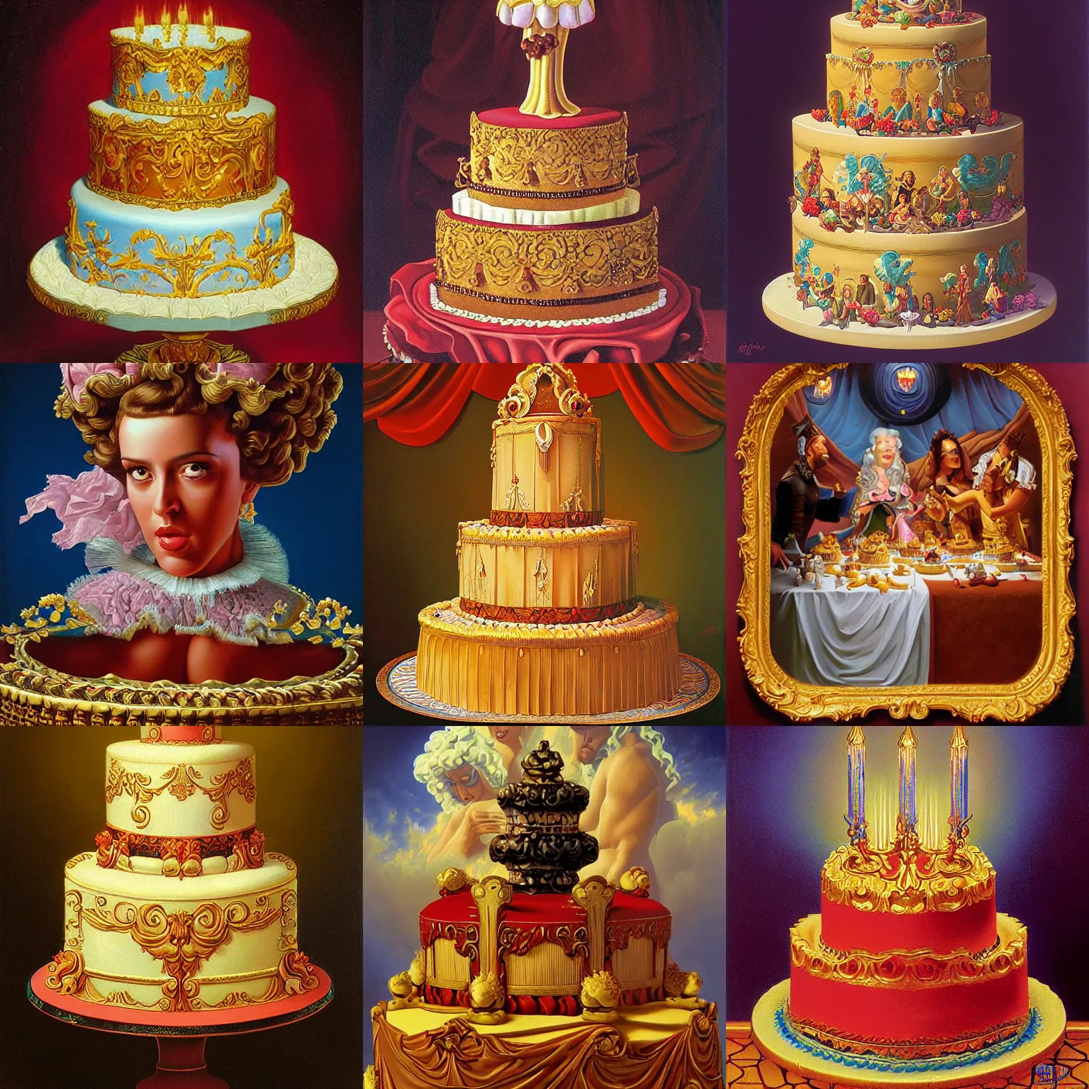 Prompt: baroque cake painting by greg hildebrandt