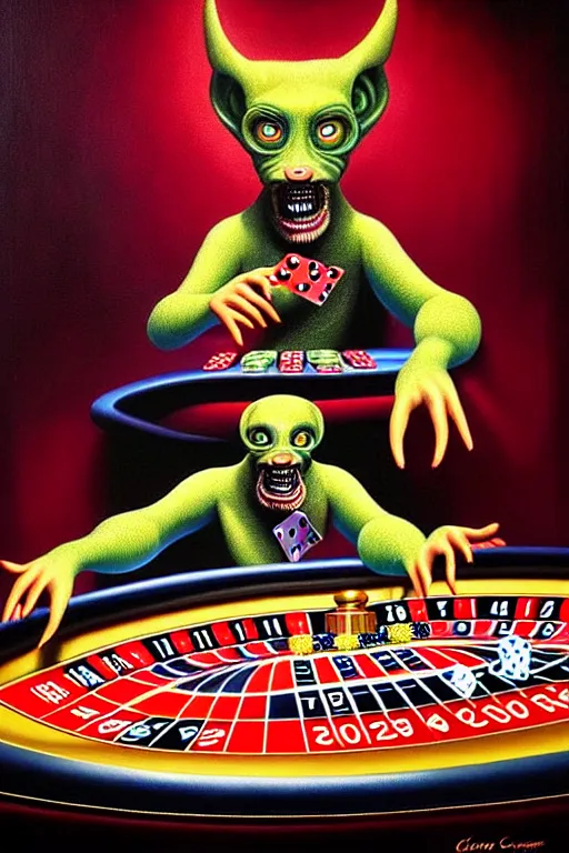 Image similar to a hyperrealistic painting of a chimeric creature playing roulette at the casino, cinematic horror by chris cunningham, lisa frank, richard corben, highly detailed, vivid color,