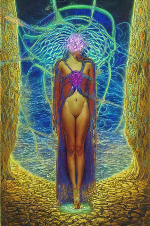 Image similar to mystic cult girl performing third eye ritual, expanding energy into waves into the ethos, epic surrealism oil paint, post modernist layering, by Ernst Fuchs, John Howe highly detailed