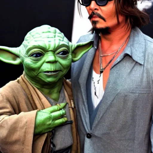 Image similar to Yoda hanging out with Johnny Depp