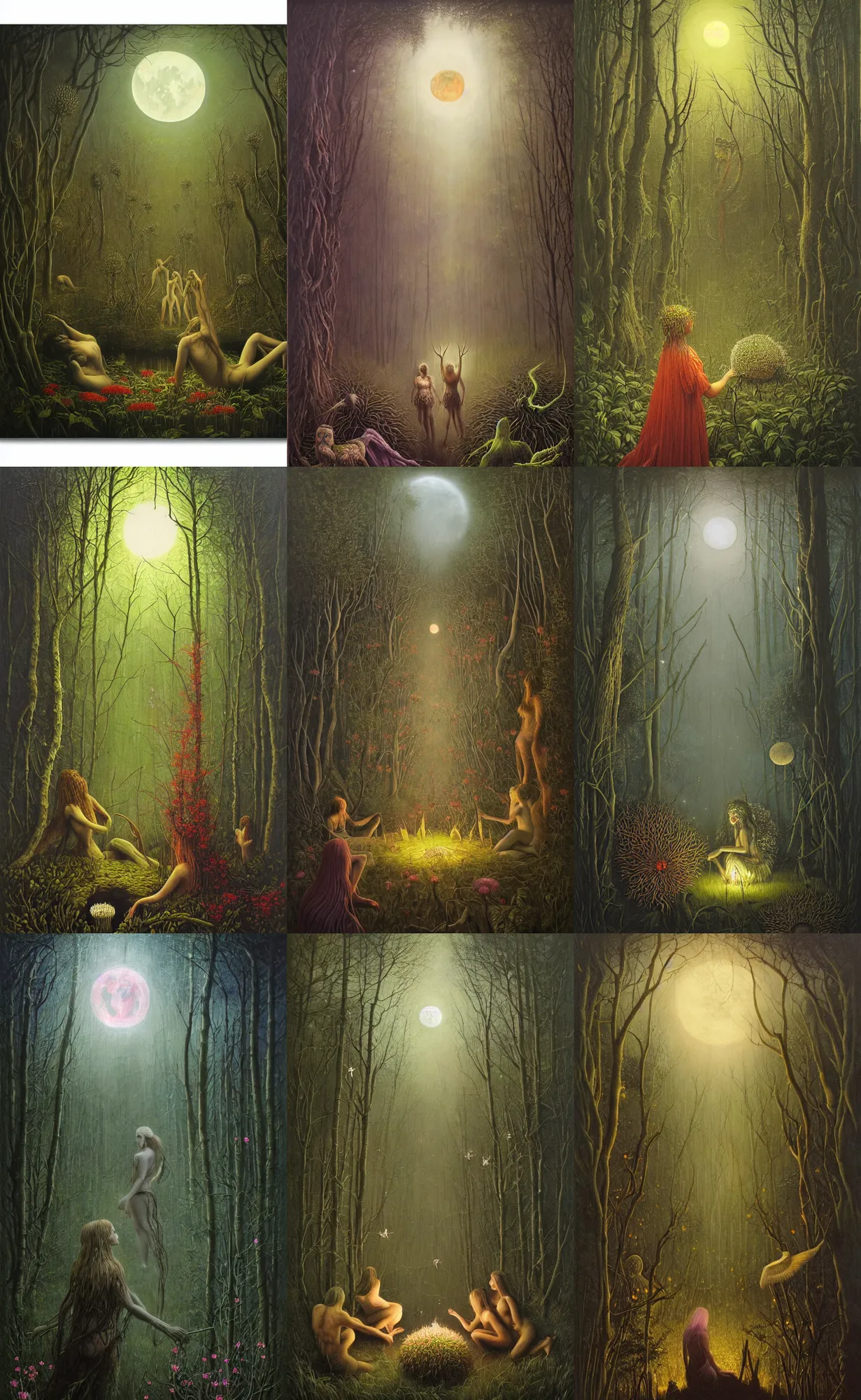 Prompt: painterly dreamy Kupala Night in the forest with trees, flowers, glowing owls, deers, women, lianas, thistles, fantasy creatures, a stream and sky with moon and stars by Beksinski, Alex Grey and Giger dark fantasy, witcher, very detailed oil painting in the alla prima style, masterpiece, 8k