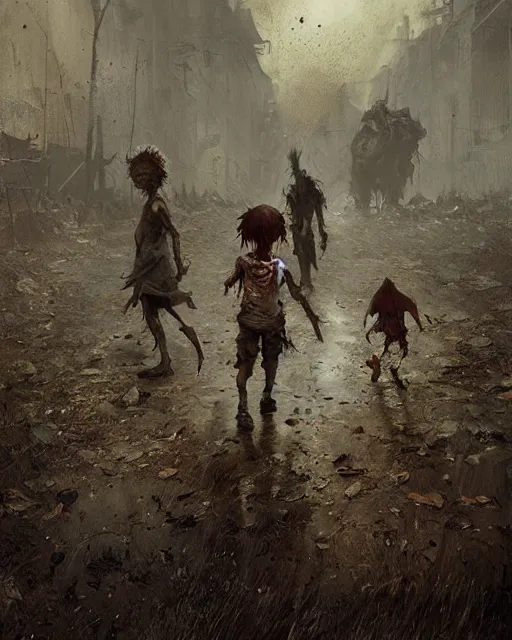 Prompt: a child zombie walking toward a scared teenager that fell on the ground realistic concept art, hd, high quality by jean baptiste monge and greg rutkowski