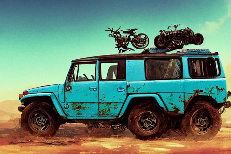 Image similar to digital illustration of a faded cyan mad max's fj 4 0 decrepit!!!! pursuit special, rusty!!! nissan fj cruiser heavily modded 1 9 9 0 s, the last v 8 interceptor by makoto shinkai, ilya kuvshinov, lois van baarle, rossdraws, basquiat