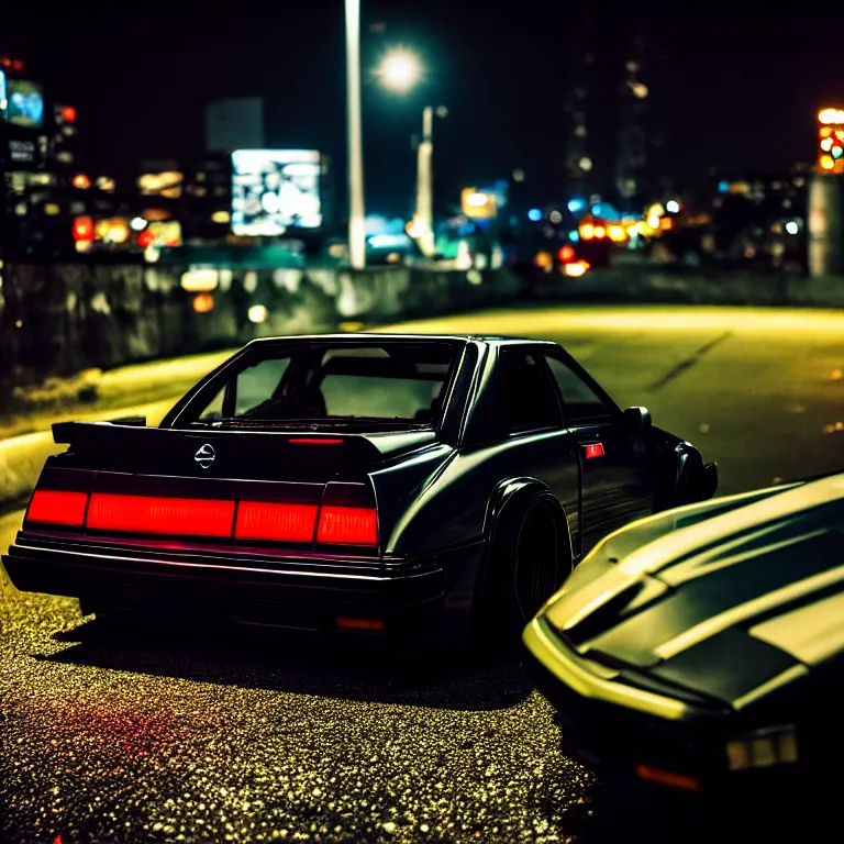 Image similar to close-up-photo Nissan S30 turbo illegal roadside night meet, work-wheels, Shibuya shibuya, cinematic color, photorealistic, deep dish wheels, highly detailed night photography