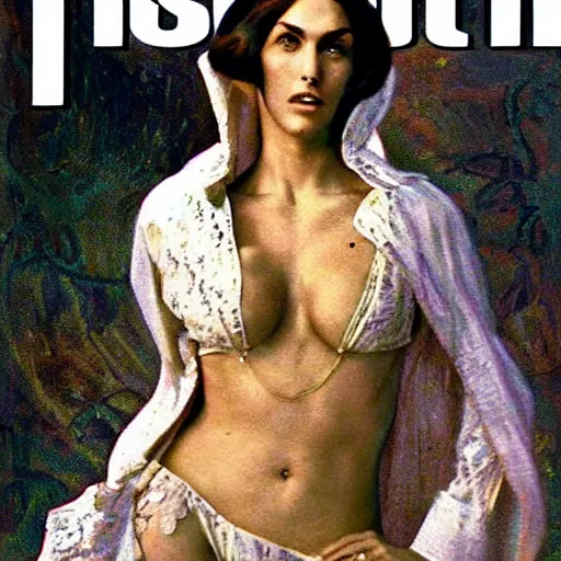 Image similar to A photo of a gorgeous Grigori Rasputin on the cover of Swimsuit Illustrated 1960 in the aesthetic of mert and marcus, masterpiece, intricate, elegant wardrobe, highly detailed, digital painting, artstation, concept art, smooth, sharp focus, illustration, art by artgerm and james jean and greg rutkowski and alphonse mucha