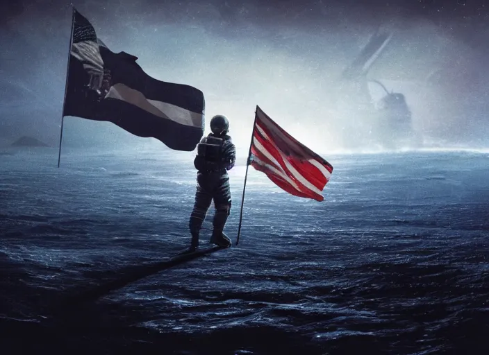 Image similar to astronaut holding a flag in an underwater desert. a submarine is visible in the distance. dark, concept art, cinematic, dramatic, atmospheric, 8 k, trending on artstation, blue, fish, low visibility, fog, ocean floor, christopher nolan, interstellar