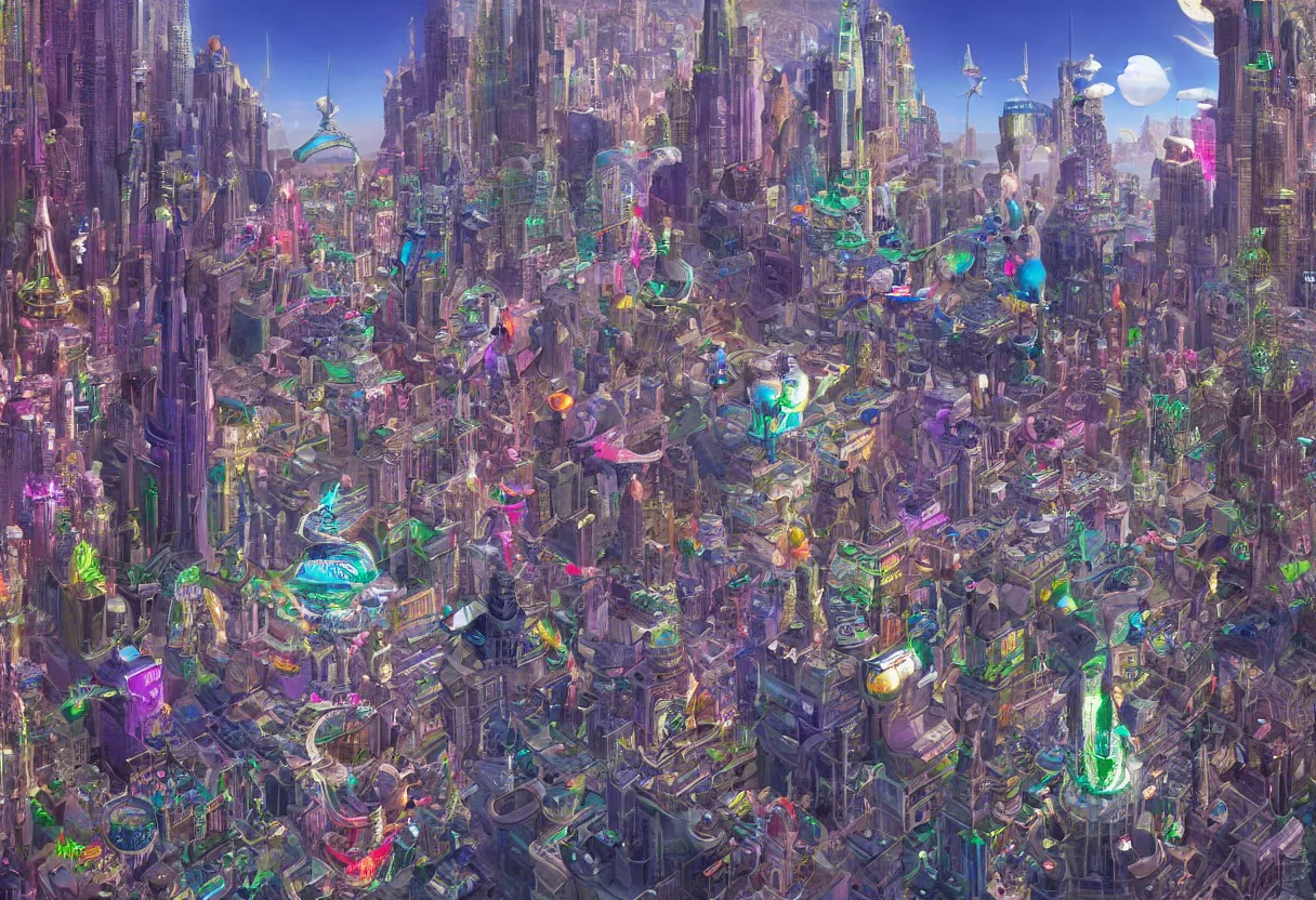 Prompt: augmented hyperreality in a futuristic city filled with vibrant colorful holograms - by james gurney and moebius and salvador dali and takashi murakami, matte painting, hyperdetailed, symmetry, art nouveau, beautiful render, concept art