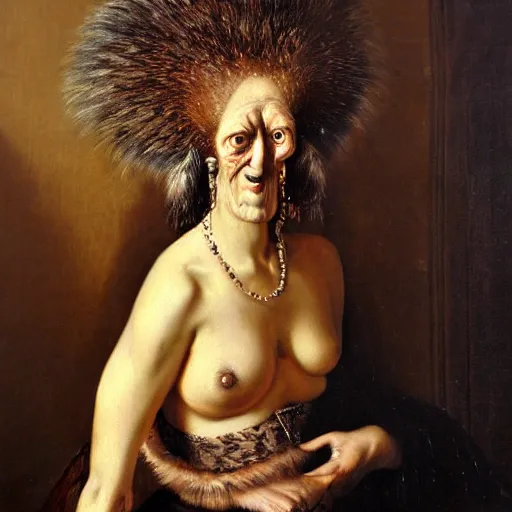 Prompt: disturbing dutch golden age oil painting by christian rex van minnen portrait of an extremely bizarre mutated grotesque proteus syndrome woman wearing fancy fur and jewels with intense chiaroscuro lighting cast shadows perfect composition masterpiece