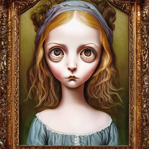 Prompt: hyper detailed painting of a girl with big eyes in the style of artist mark ryden, symmetrical composition, in a landscape