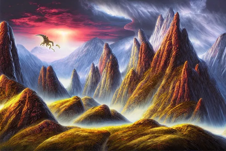 Image similar to ultra realistic illustration, epic high fantasy landscape. dragonlance graphic art print by erol otus