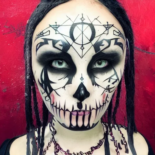 Image similar to A portrait of the character, Death, a young Goth girl with an elaborate facial tattoo of an Ankh