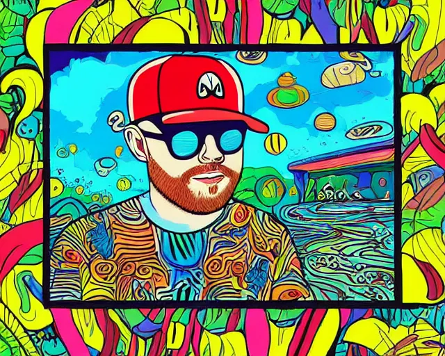 Image similar to mac miller, mushroom trip, art style by john keebs lee, pittsburgh, blue slide park, good vibes, peace, love, 4 2 0, don't trip, swimming in circles, highly detailed