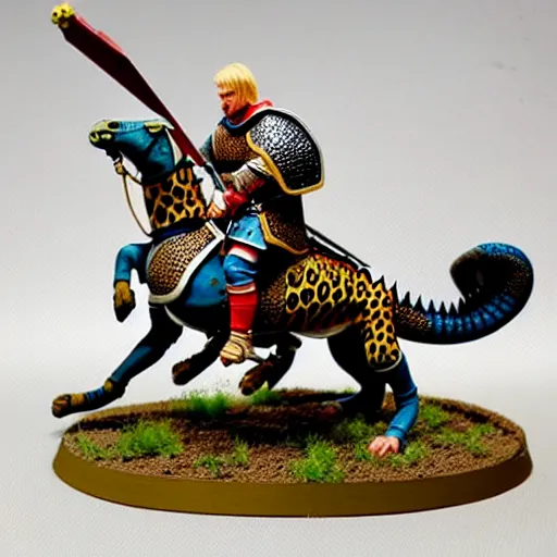 Image similar to A medieval knight riding on a giant leopard gecko, highly detailed, painted wargaming miniature