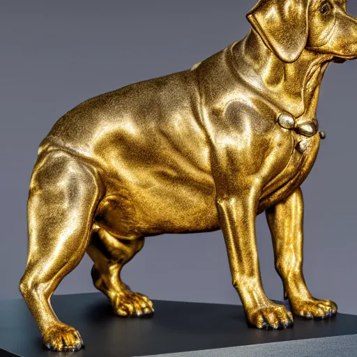 Image similar to detailed photo of a puppy statue made of gold, various posed, studio light, 8 k, photorealism, intricate detail, museum diffuse lighting