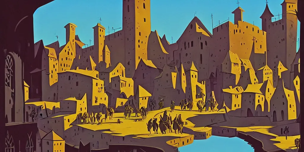 Prompt: medieval town, gouache, animated film, stylised, illustration, by eyvind earle, scott wills, genndy tartakovski, syd mead