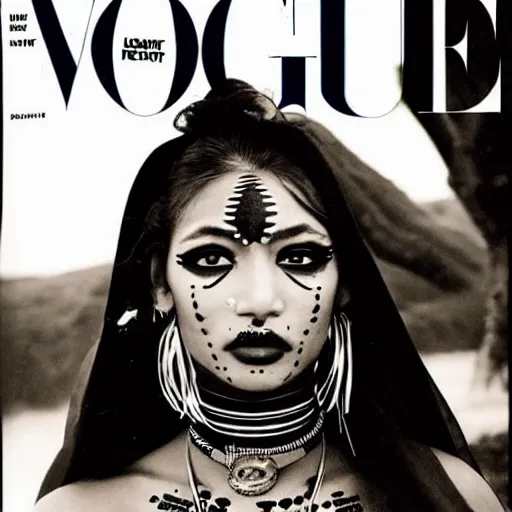 Image similar to a beautiful professional photograph by hamir sardar, herb ritts and ellen von unwerh for the cover of vogue magazine of a beautiful and unusually attractive native yanomami female fashion model with a face tattoo looking at the camera in a flirtatious way, leica 5 0 mm f 1. 8 lens