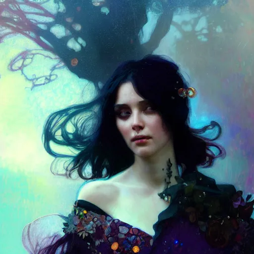 Prompt: a beautiful black haired young lady, adorned with precious stones by jeremy mann and alphonse mucha, photo realistic, dynamic lighting, windy, artstation, poster, dreamy, volumetric lighting, ethereal, 4 k, high detail