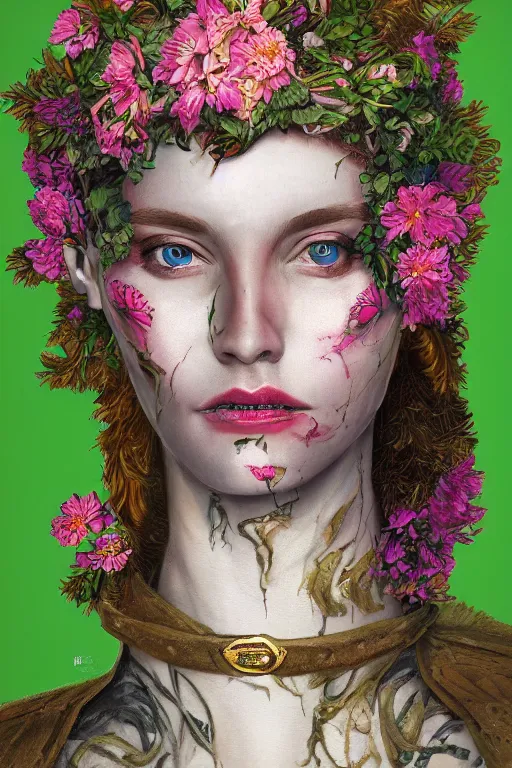 Image similar to portrait of beautiful young mainem, warhammer, russian style, cyber armor, a lot of more scars, more and more flowers, green head, the middle ages, highly detailed, artstation, illustration, art by rene magritte, 8 k quality