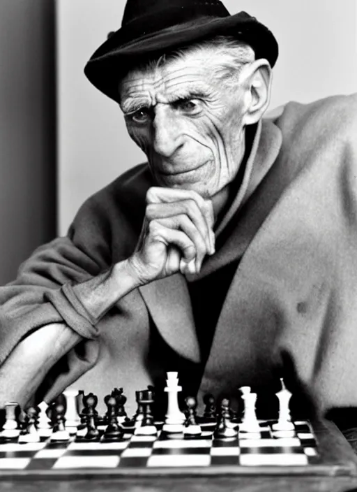 Prompt: samuel beckett playing chess with a sad death wearing a blu hat, photo, expressionist, nordic light