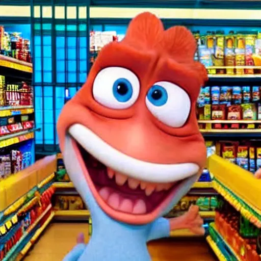 Prompt: stimpy at a grocery store, pixar, brightly lit,