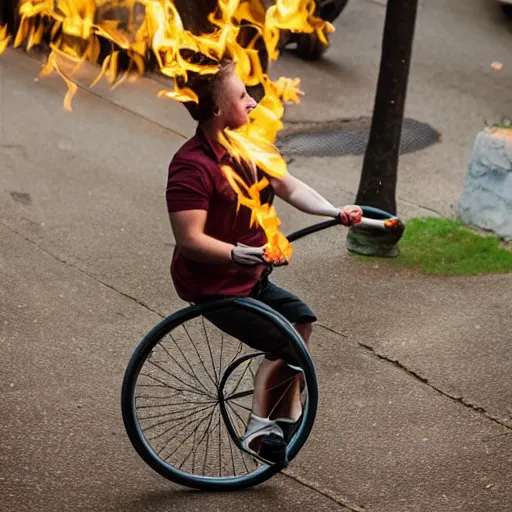 Image similar to professional photograph of a cat juggling fire sticks ona unicycle