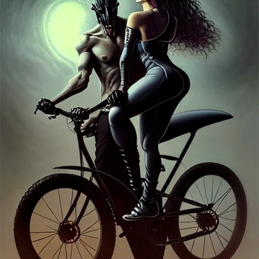 Image similar to portrait of woman riding a man like a bicycle, dark, piercing eyes, exotic expression, esoteric clothing, photorealistic, highly detailed, mysterious lighting, artstation, smooth, sharp focus, art by michael whelan, artgerm, greg rutkowski and luis royo