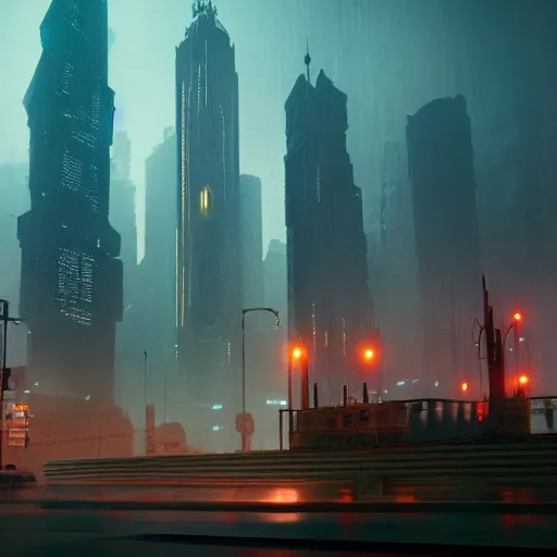 Prompt: in a city with a rich history, the huge building stands in the middle, a man dead on the road, blade runner 2 0 4 9, highly detailed, cinematic landscape ， foggy ， octane render ， trending on artstation,