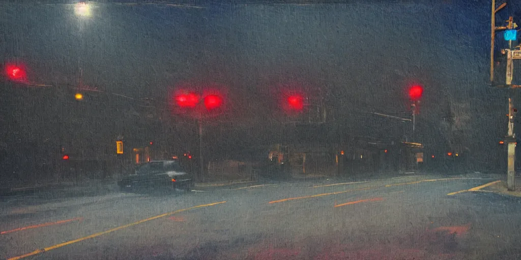 Image similar to painterly, ((messy)), ominous! landscape of north bend, washington main street, dark, lonely!! stop light glowing, twin peaks, 'lone dark figure'!!