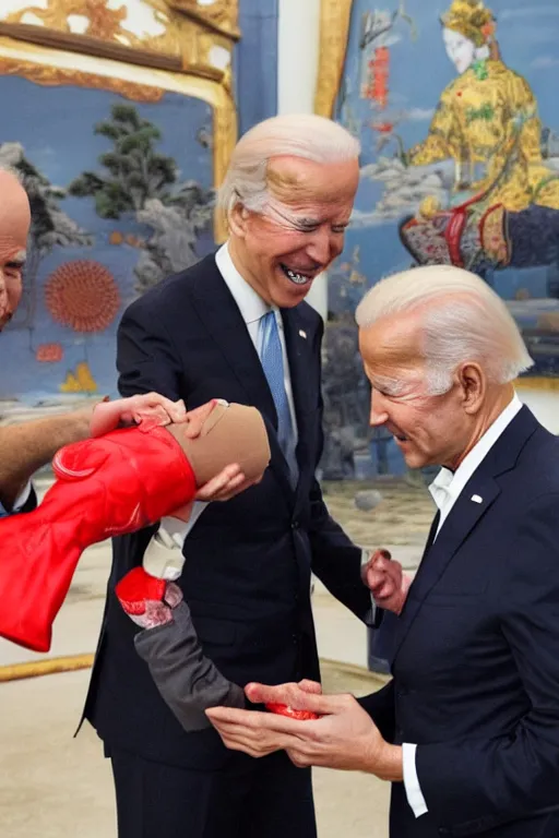 Image similar to chinese leader playing with a joe biden doll