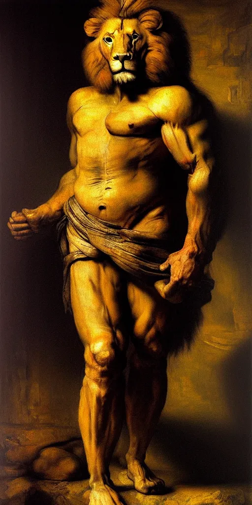Prompt: oversized muscular lion as swat human legs full body portrait pose , very textured detailed oil painting by rembrandt , hard backlight , in dark cave
