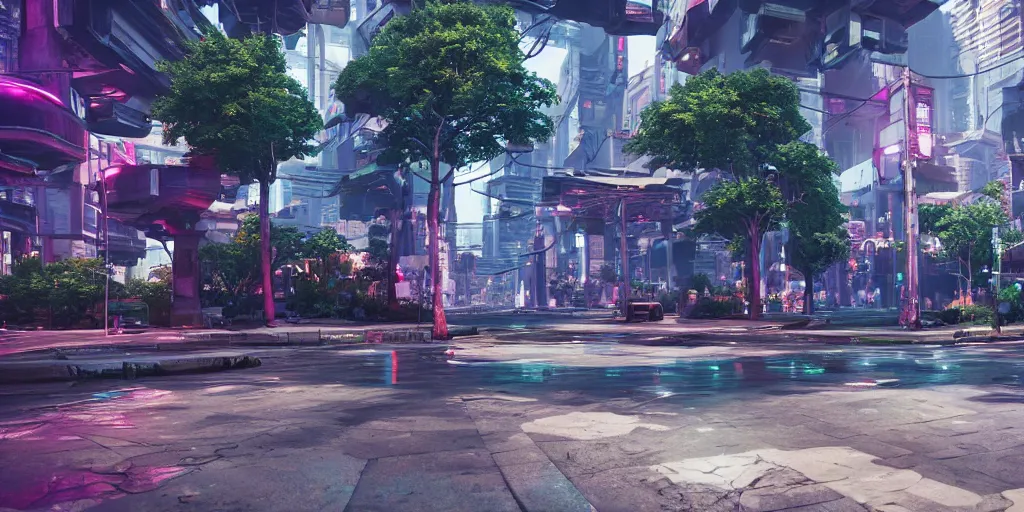 Prompt: professional photo from the streets of a futuristic utopian cyberpunk thriving city full of botanical gardens, floral, advanced economy, tree varieties, 4k, highly detailed, Unreal Engine, ray trace, octane render