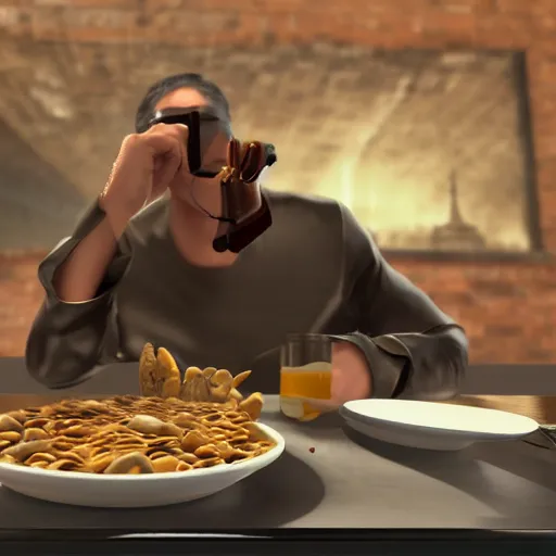 Image similar to jc denton from deus ex eats cereal at a table, liberty island, high quality, photorealistic, highly detailed face, smooth, sharp focus, 4 k, hd