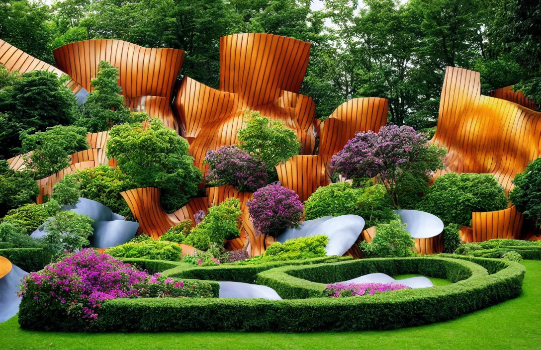 Prompt: garden idyll macabre wonderland rhythmic flow of tones building by frank gehry building by frank gehry