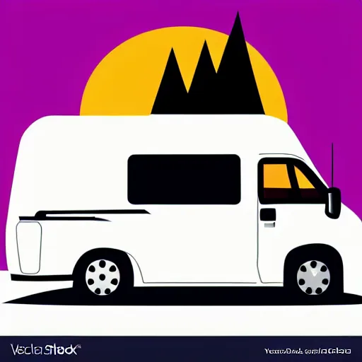 Image similar to a white and black cute thor chateau! motorhome camper!!, highway, colorful mountains and sunset!!, very happy, minimal vector sticker by tom whalen, sanja stikovic