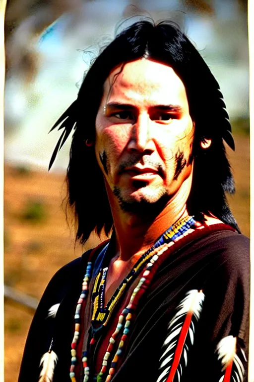 Image similar to Photo of Native American indian man Keanu Reeves, portrait, skilled warrior of the Apache, ancient, realistic, detailed, Keanu Reeves