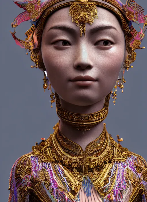 Image similar to a photo - real delicate sculpture of an ornate detailed oriental girl in front of a intricate background by aj fosik, micro detail, backlit lighting, octane renderer, colorful, physically based rendering, tribal art, trending on cgsociety