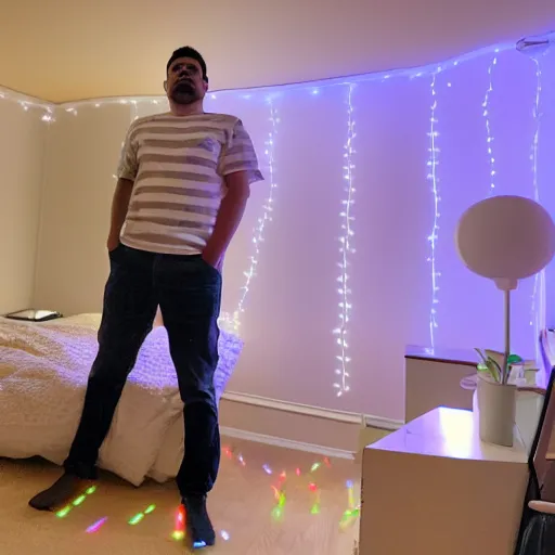 Image similar to a day trader named jay putting up nanoleaf lights in his bedroom