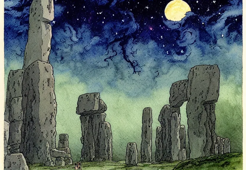 Image similar to a simple watercolor studio ghibli movie still fantasy concept art of a giant druid towering above stonehenge in the ocean. it is a misty starry night. by rebecca guay, michael kaluta, charles vess